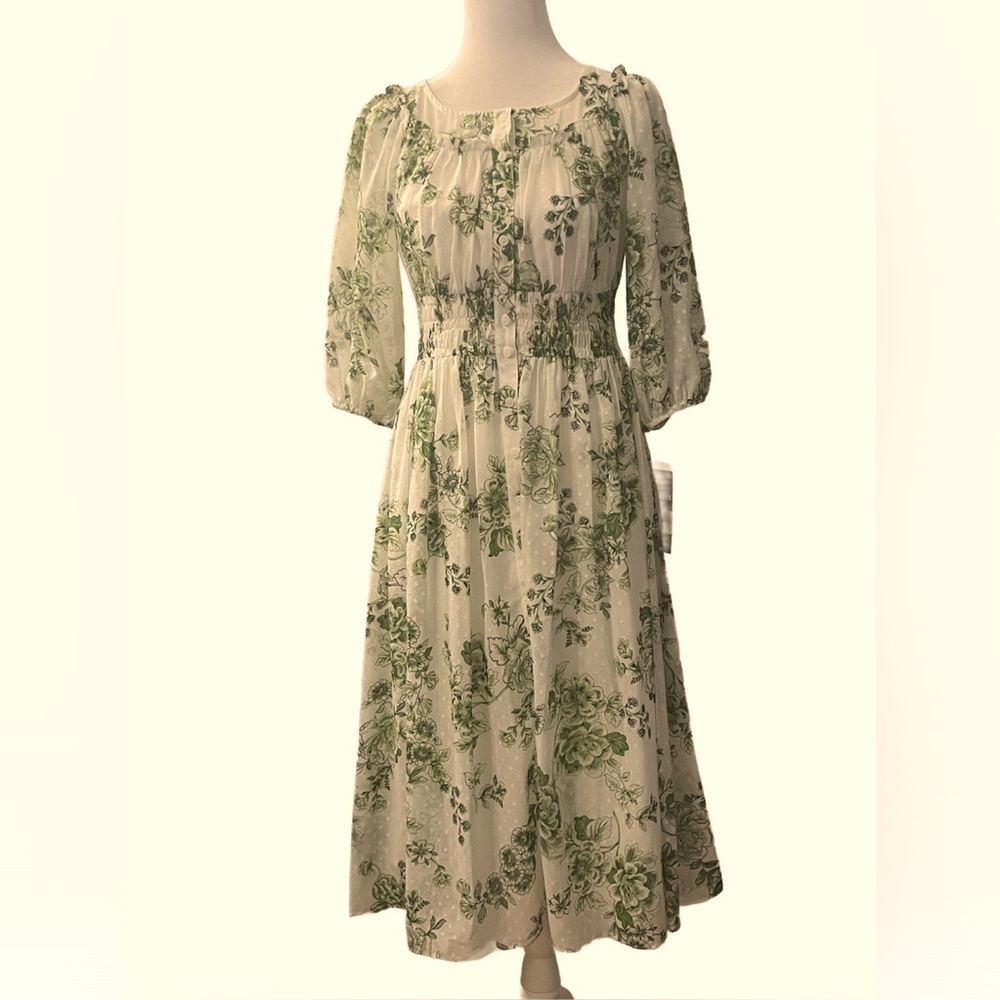 NWT Maison Tara Peasant Maxi Green Floral on White Dot Fabric Dress Size 4